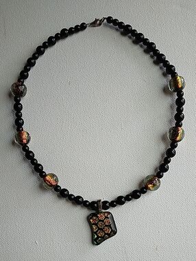 Handmade Black Bead Necklace with Gold Iridescent Glass Pendant